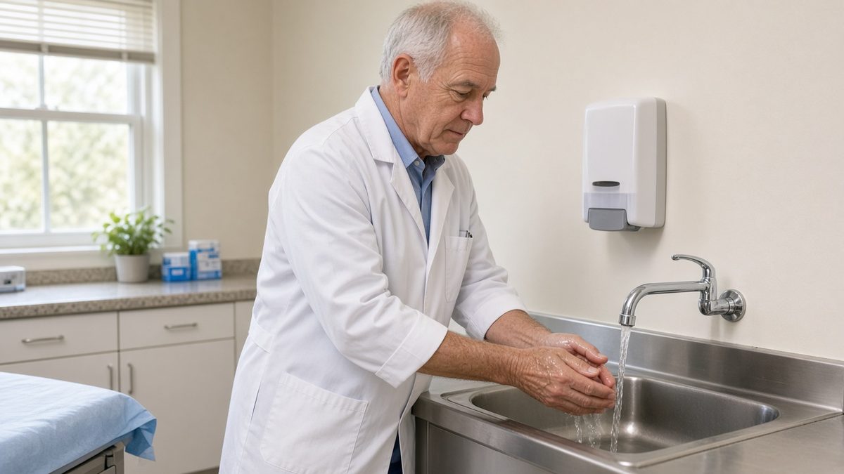 An older physician washes his hands at a stainless clinic sink in soft morning light.