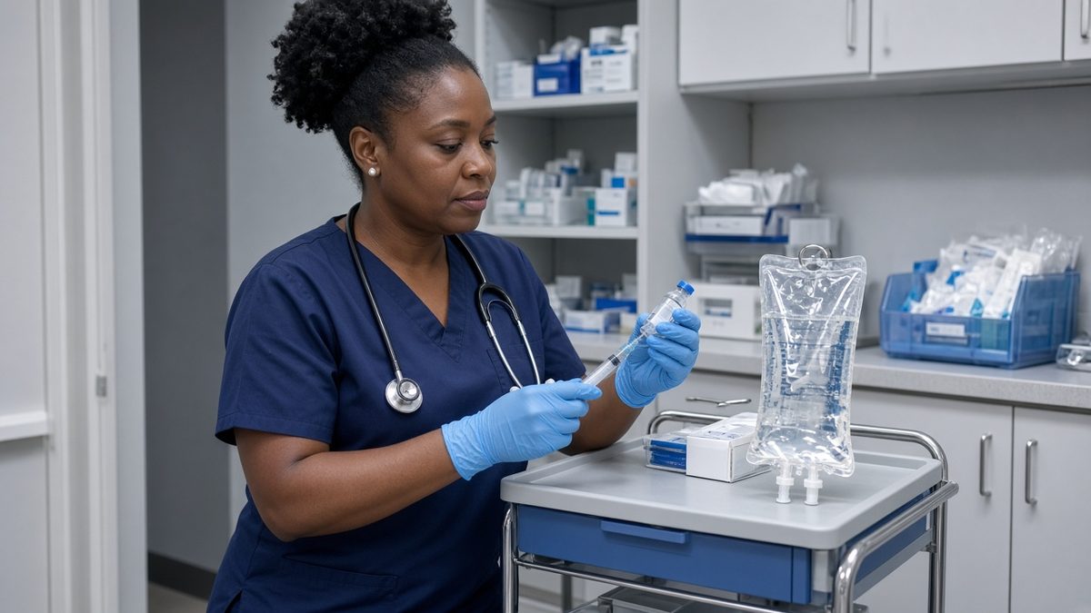 A nurse practitioner prepares an IV syringe beside a sealed bag on a rolling med cart.
