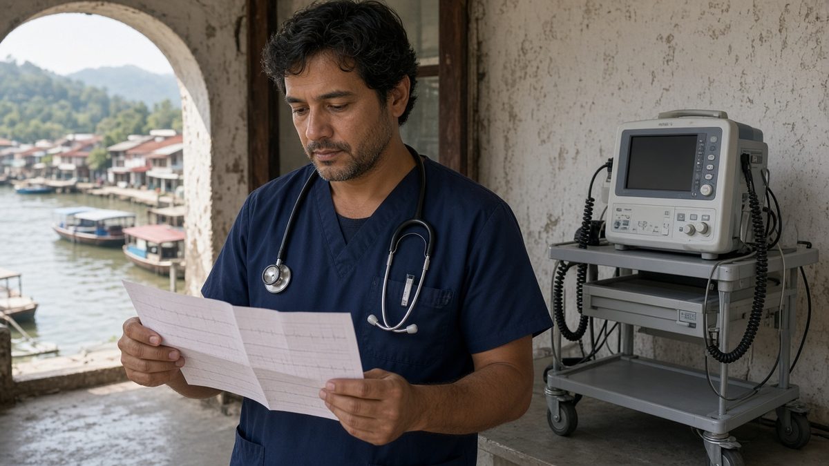 A physician studies blank ECG strips next to a wheeled heart monitor.