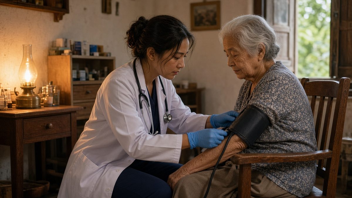 A doctor kneels to fit a blood-pressure cuff on an elderly patient's arm.