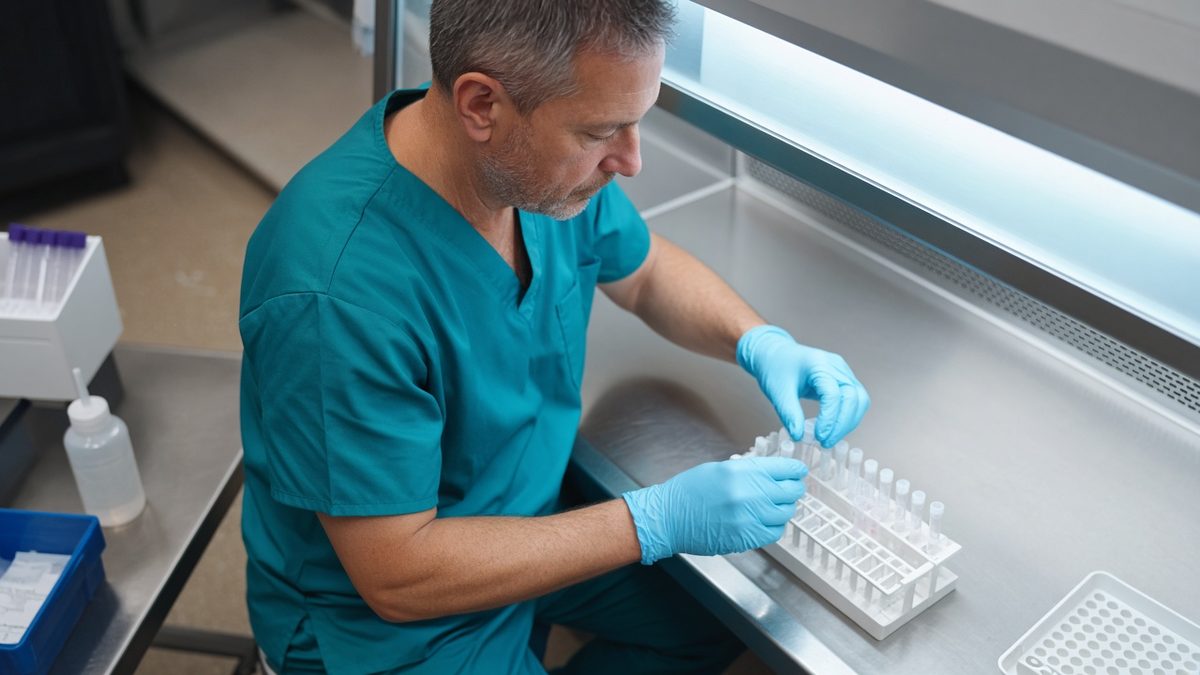 A clinician in teal scrubs stocks sealed specimen tubes under a lab hood.