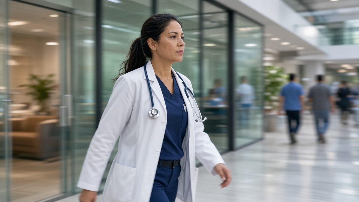 A Latina physician walks past glass exam pods in a busy medical atrium.