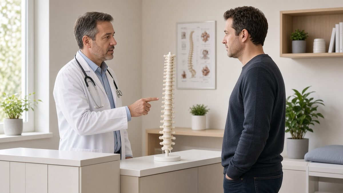 A doctor points at a blank spine model while speaking with a standing patient.