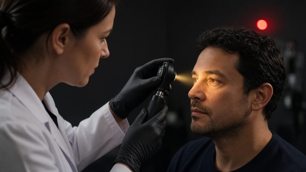 A physician examines a patient's eye with an ophthalmoscope in a darkened room.