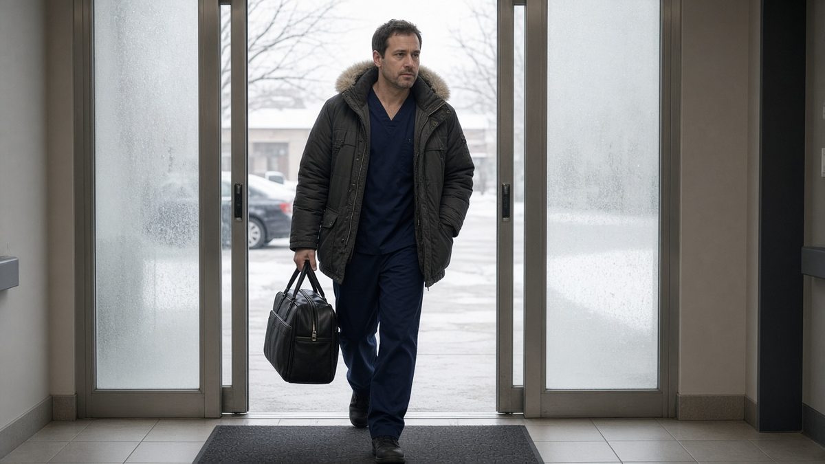 A doctor in a coat over scrubs enters clinic doors carrying a medical bag.