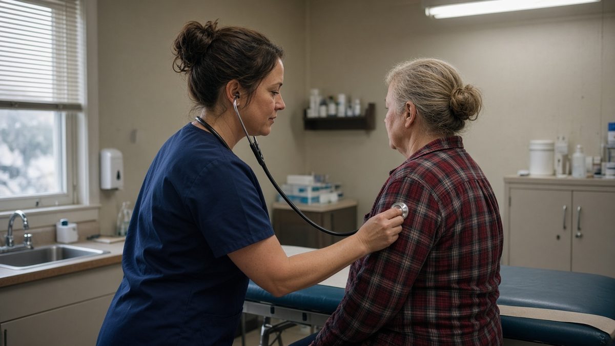 A nurse practitioner listens to a patient's lungs beside a vinyl exam table.