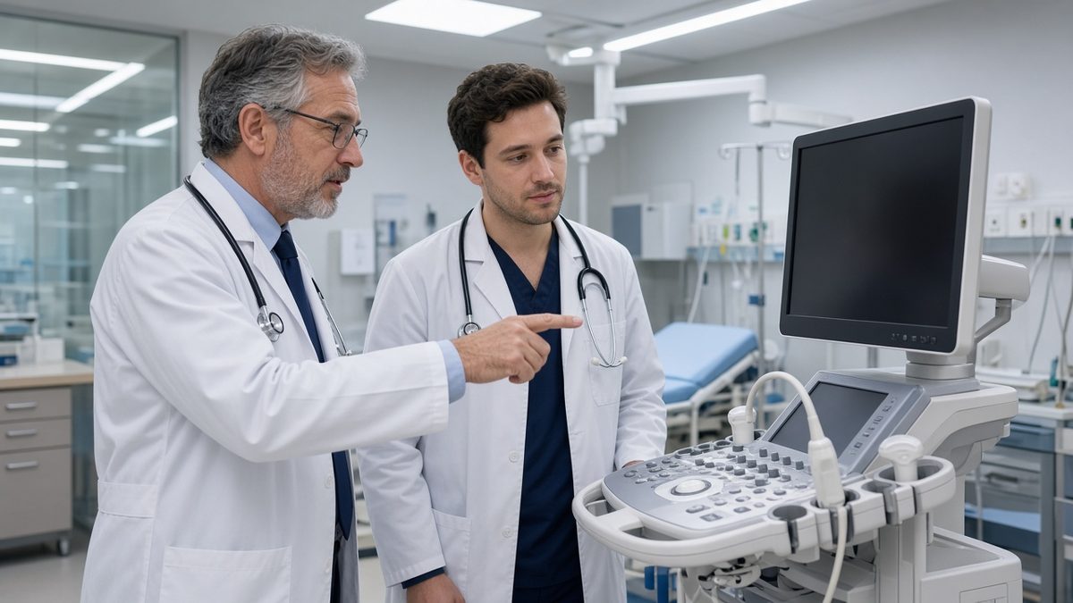 A physician teaches a resident beside an ultrasound machine with a blank screen.