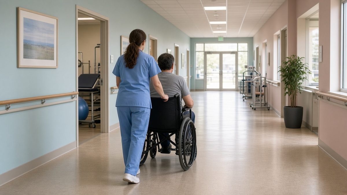 A doctor pushes an adult in a wheelchair down a bright rehab corridor.