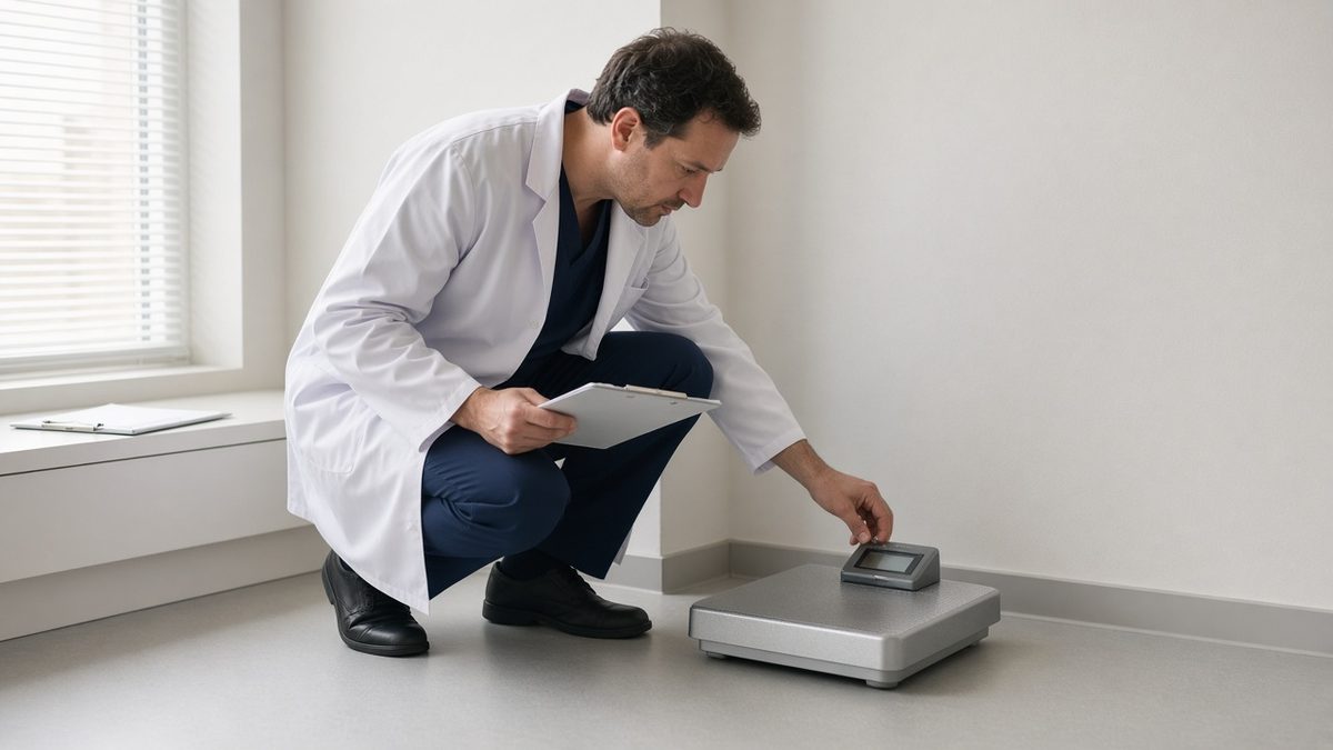 A clinician calibrates a digital scale in a quiet clinic weigh-in alcove.