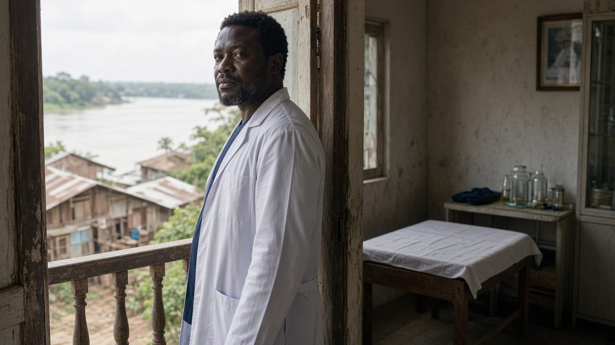 A physician stands in a clinic doorway catching humid afternoon light.
