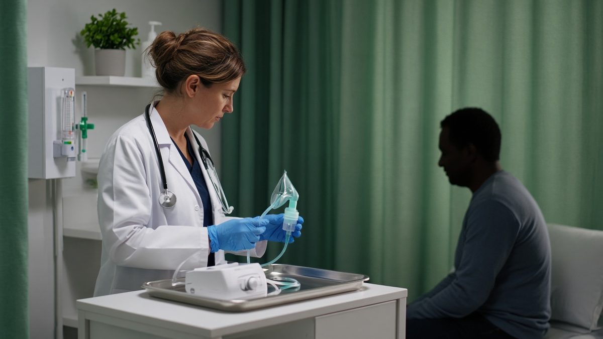 A doctor prepares a nebulizer mask on a tray in a respiratory therapy corner.