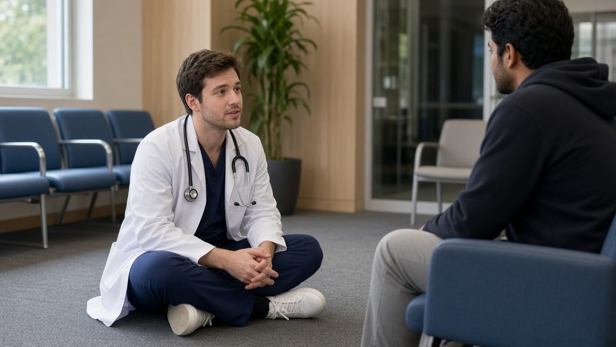 A young doctor sits at eye level talking with a seated adult in a campus clinic.