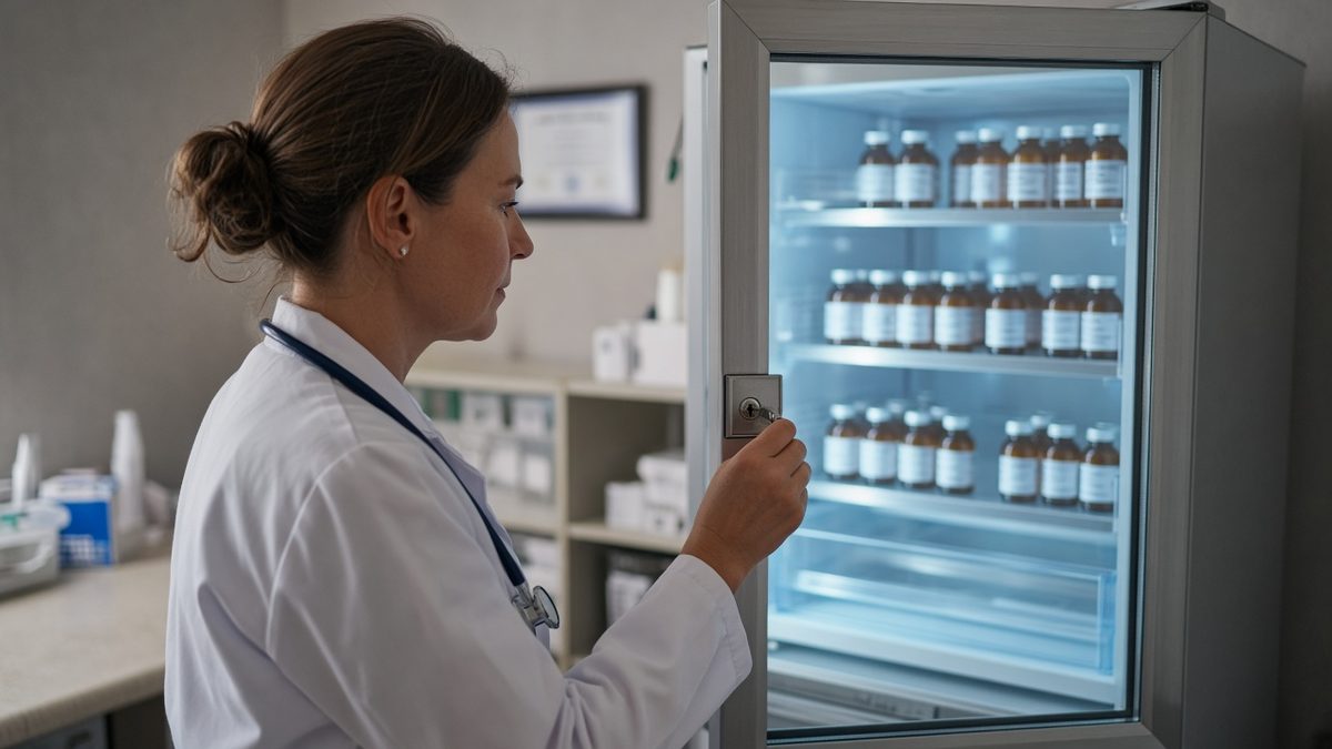 A physician unlocks a glass medication refrigerator with blurred amber vials.