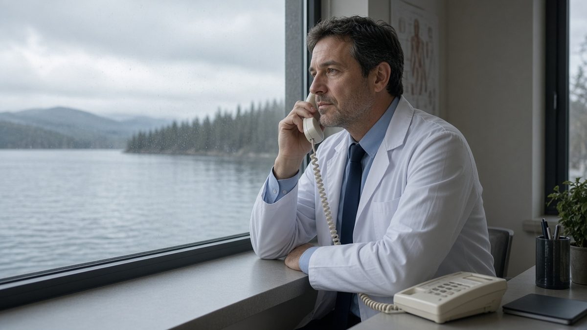 A doctor leans by a clinic window speaking on a landline in soft gray light.