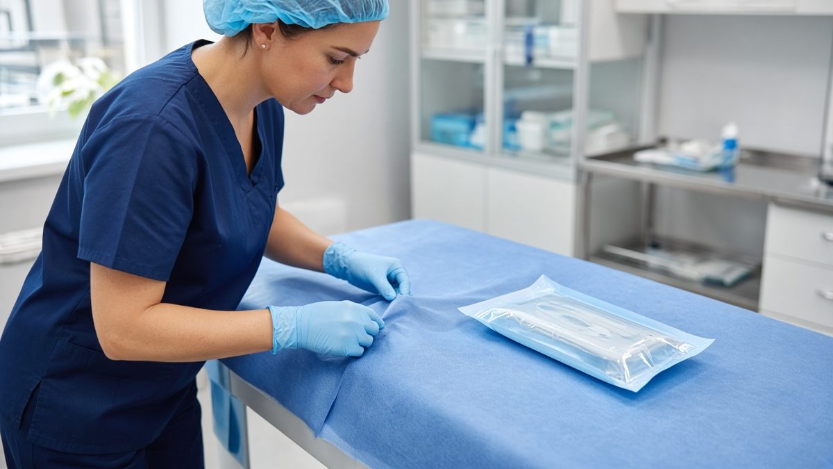 A clinician drapes a sterile blue field on an exam table for a minor procedure.