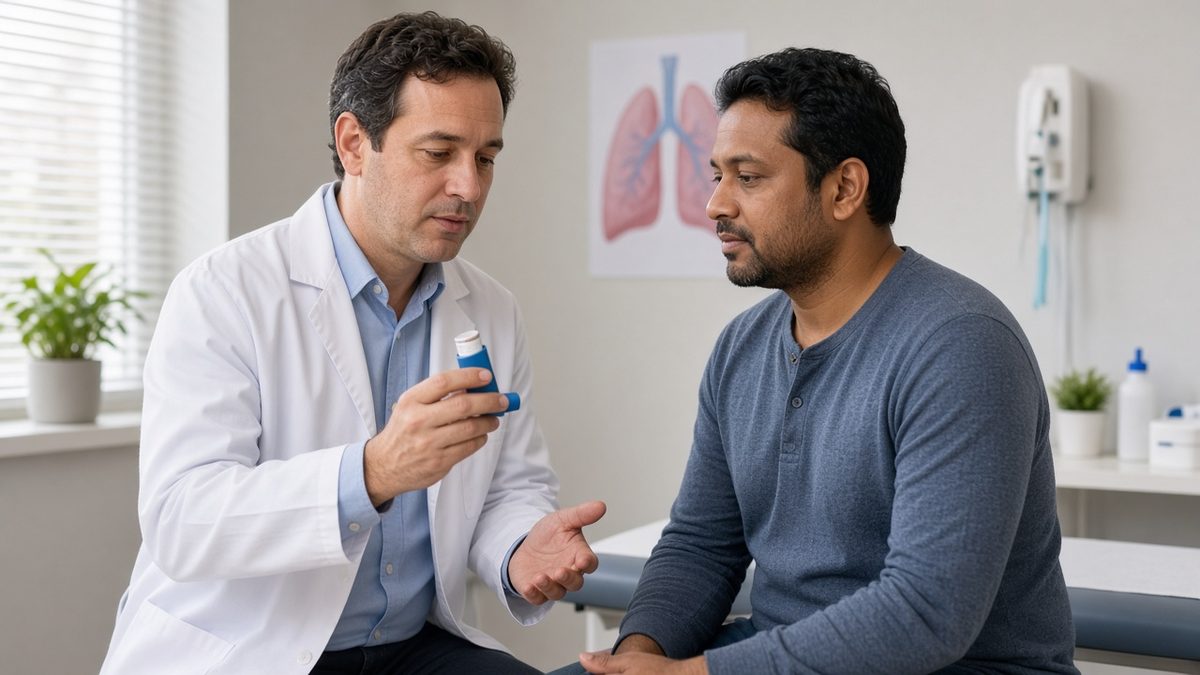 A doctor demonstrates inhaler technique with a trainer device to a patient.