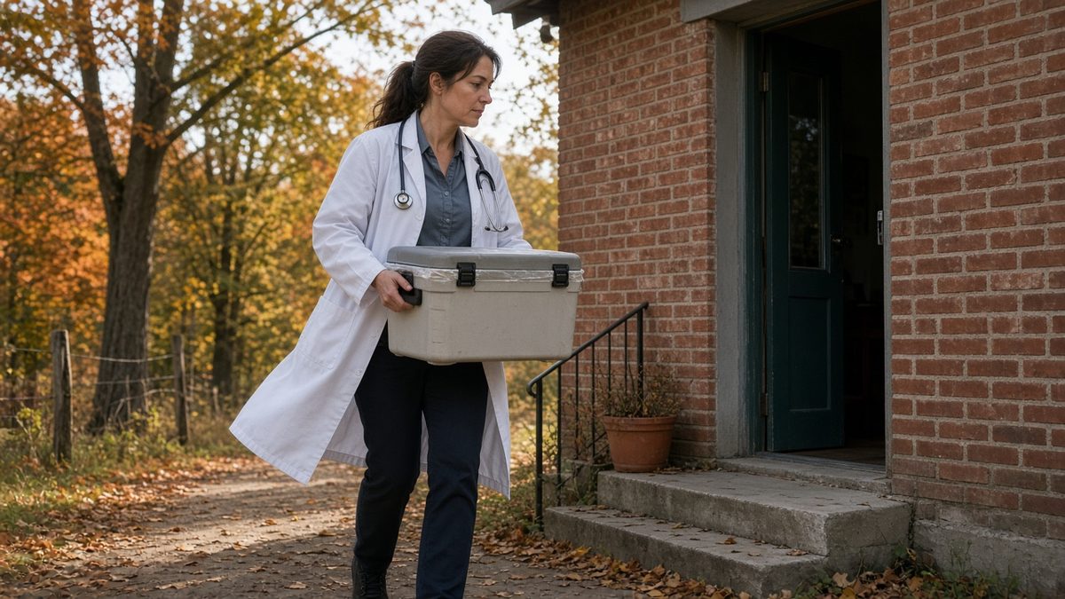 A rural doctor carries a sealed vaccine cooler into a brick clinic entrance.