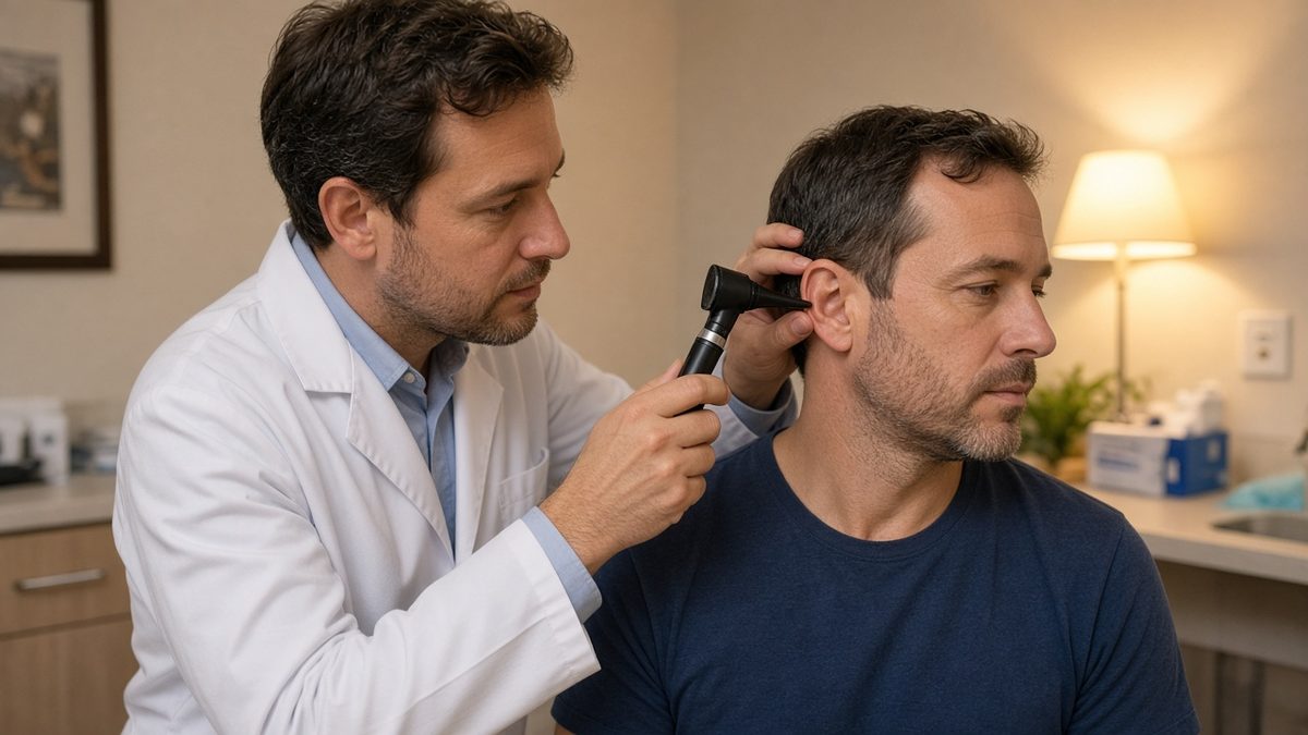 A physician assistant examines an adult patient ear with an otoscope.