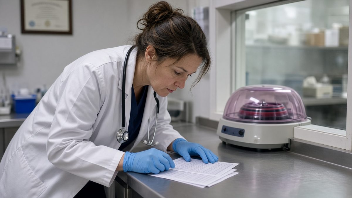 A doctor stands at a lab pass-through while a centrifuge spins behind her.