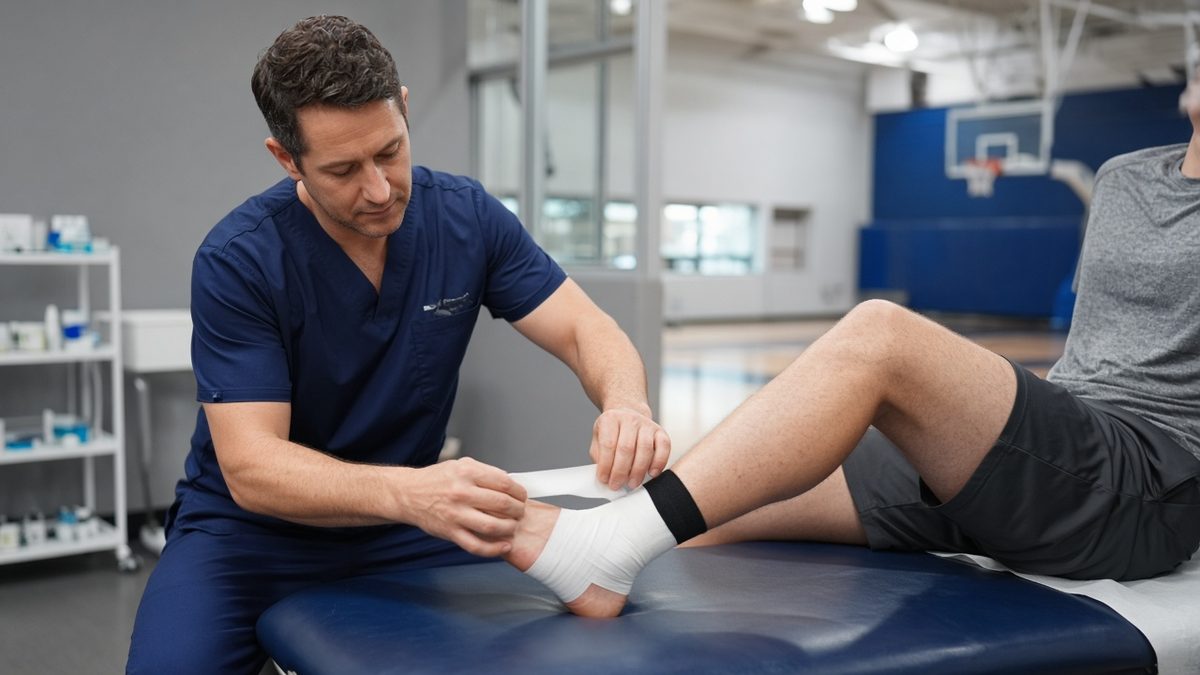 A sports-medicine physician tapes an adult athlete's ankle on a treatment table.