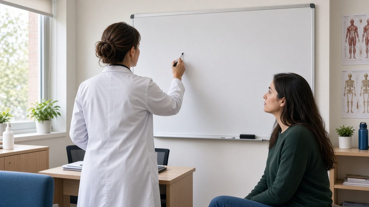 A doctor writes on a blank whiteboard while an adult student watches.