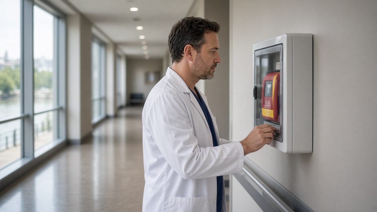 A clinician checks a sealed AED cabinet on a quiet clinic corridor wall.
