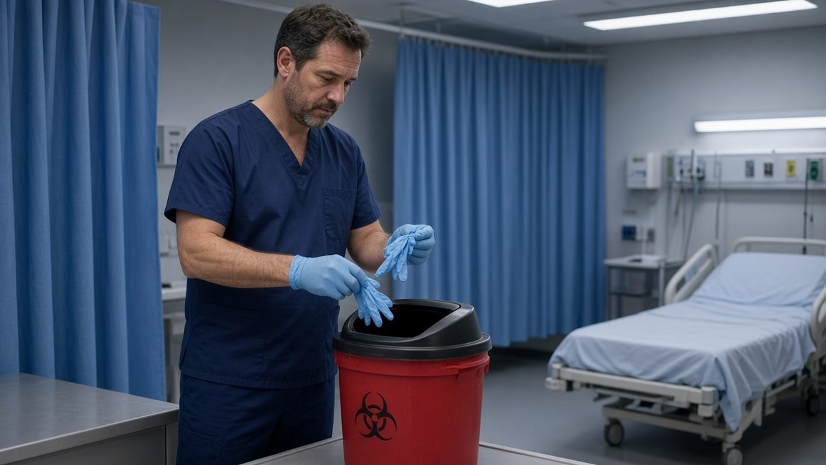 An ER doctor discards exam gloves into a bin in a quiet emergency bay.