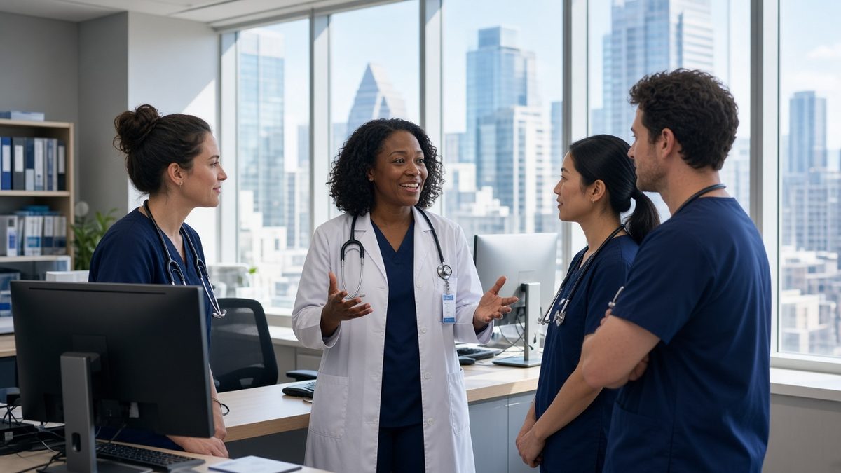 An attending physician huddles with residents at a high-rise hospital nurses' station.