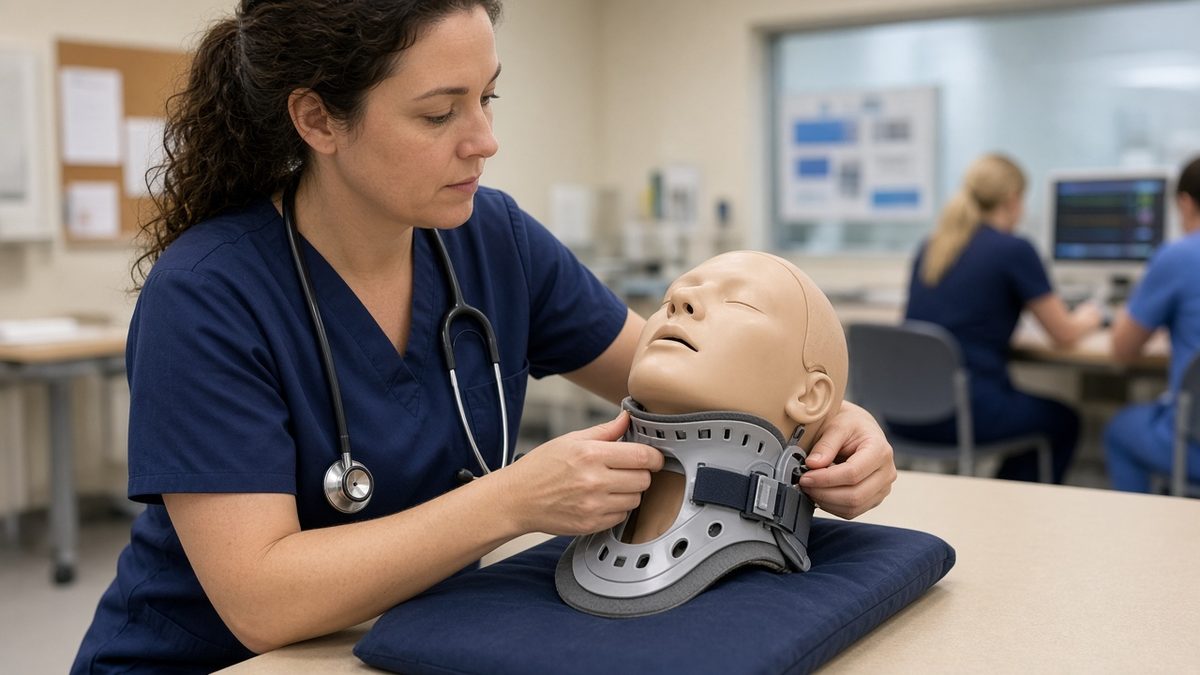 A physician adjusts a cervical collar on an adult training mannequin.