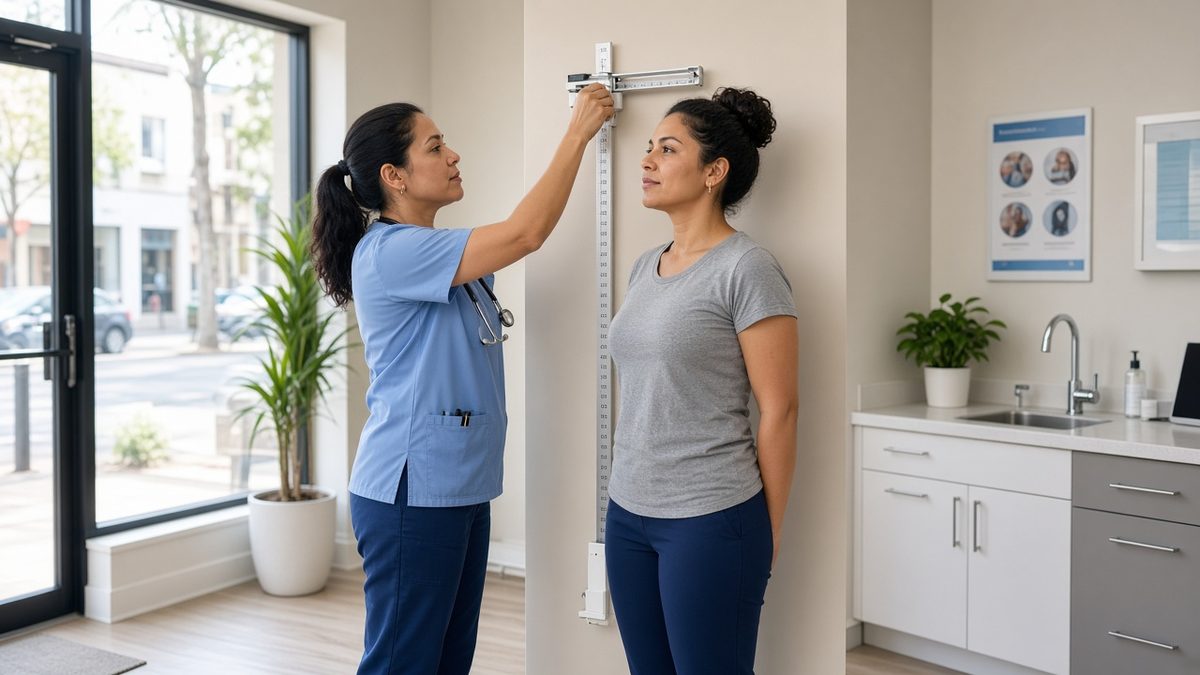 A nurse practitioner measures an adult patient's height on a wall stadiometer.