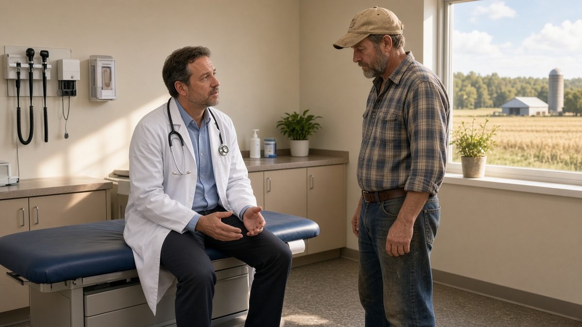 A doctor sits on an exam-table edge counseling a standing adult patient.