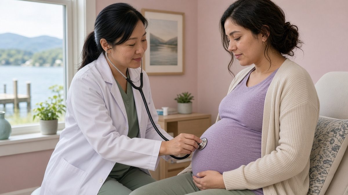 A physician listens to a pregnant adult patient belly with a fetal stethoscope.