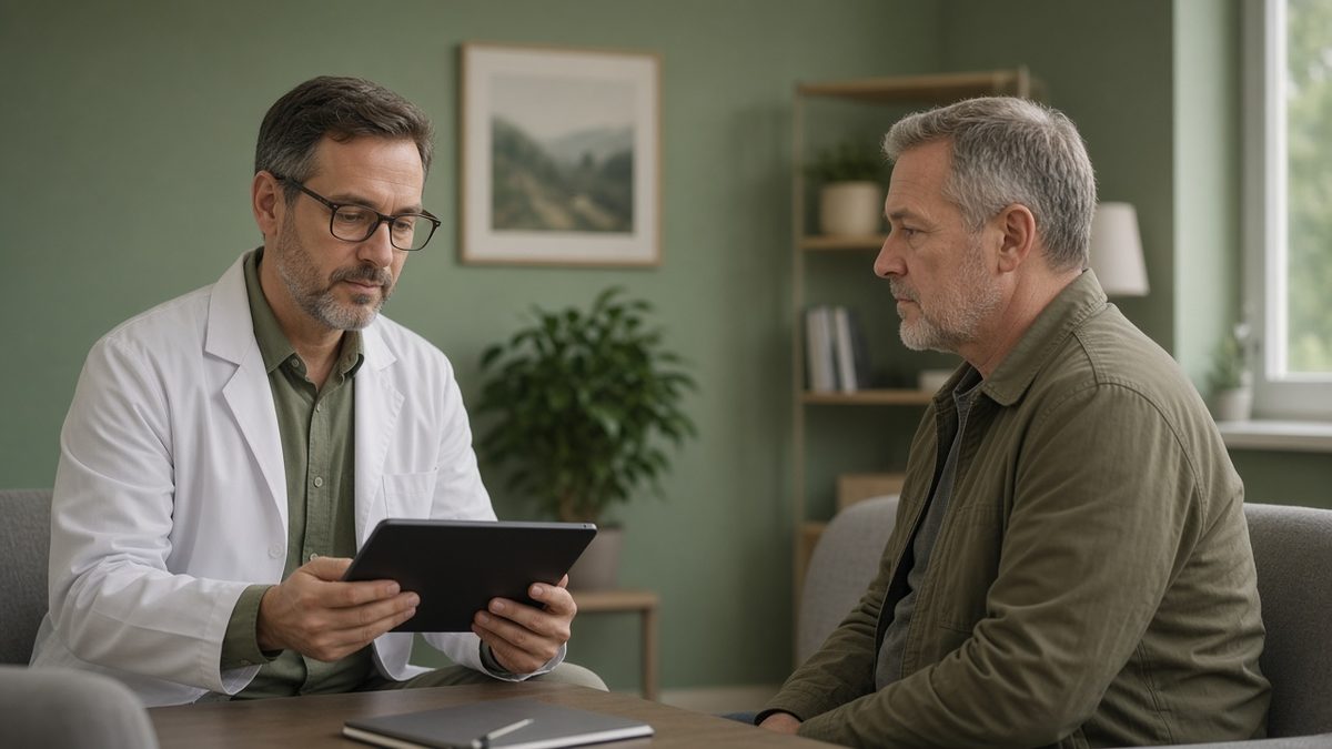 A clinician reviews a dark tablet screen with a veteran patient in profile.