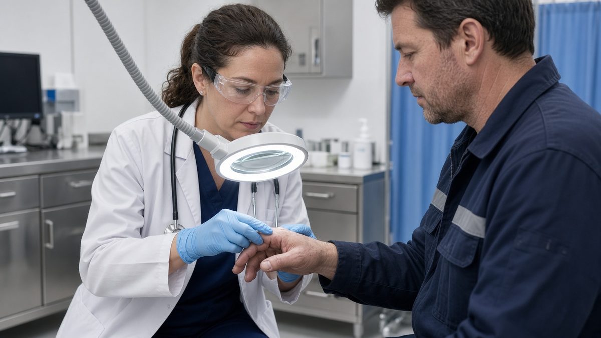 A clinic doctor examines an adult worker's hand under a magnifier lamp.