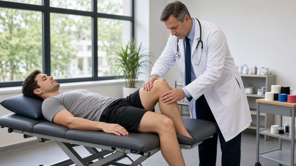 A physician guides knee flexion for a patient on a physiotherapy plinth.