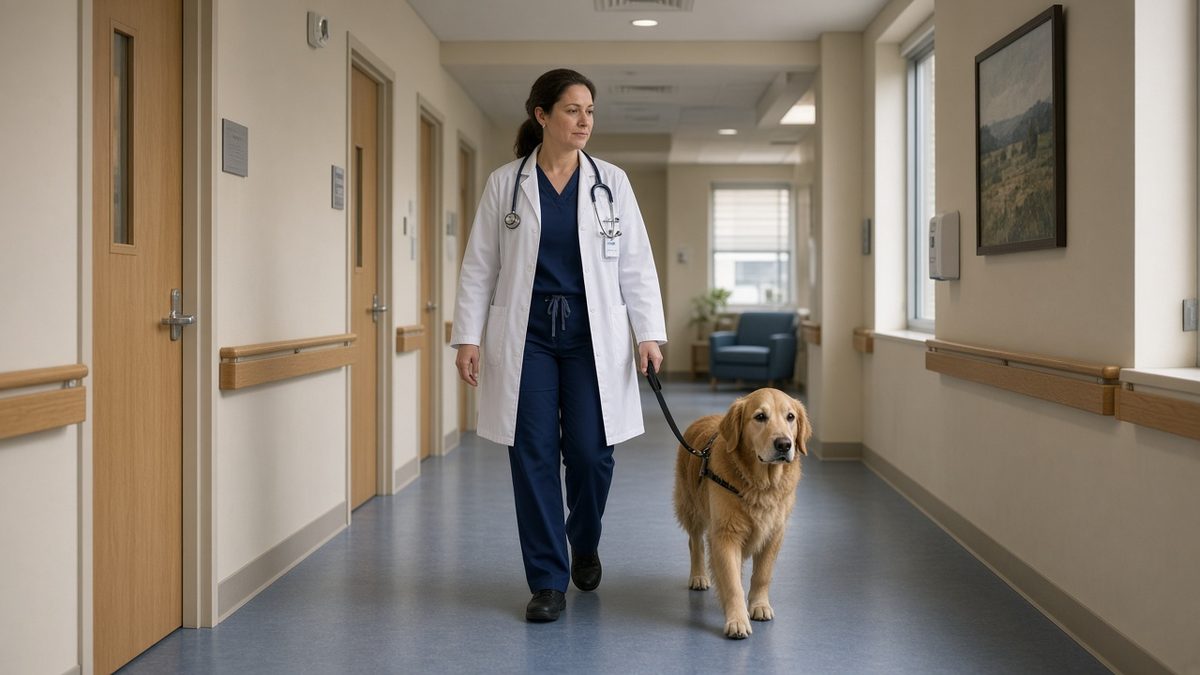 A doctor walks a therapy dog down a calm behavioral-health corridor.