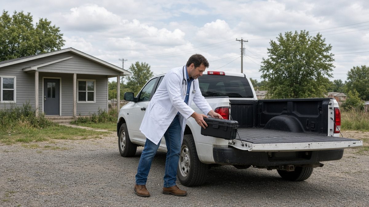 A rural doctor loads a portable exam kit into a truck outside a small clinic.