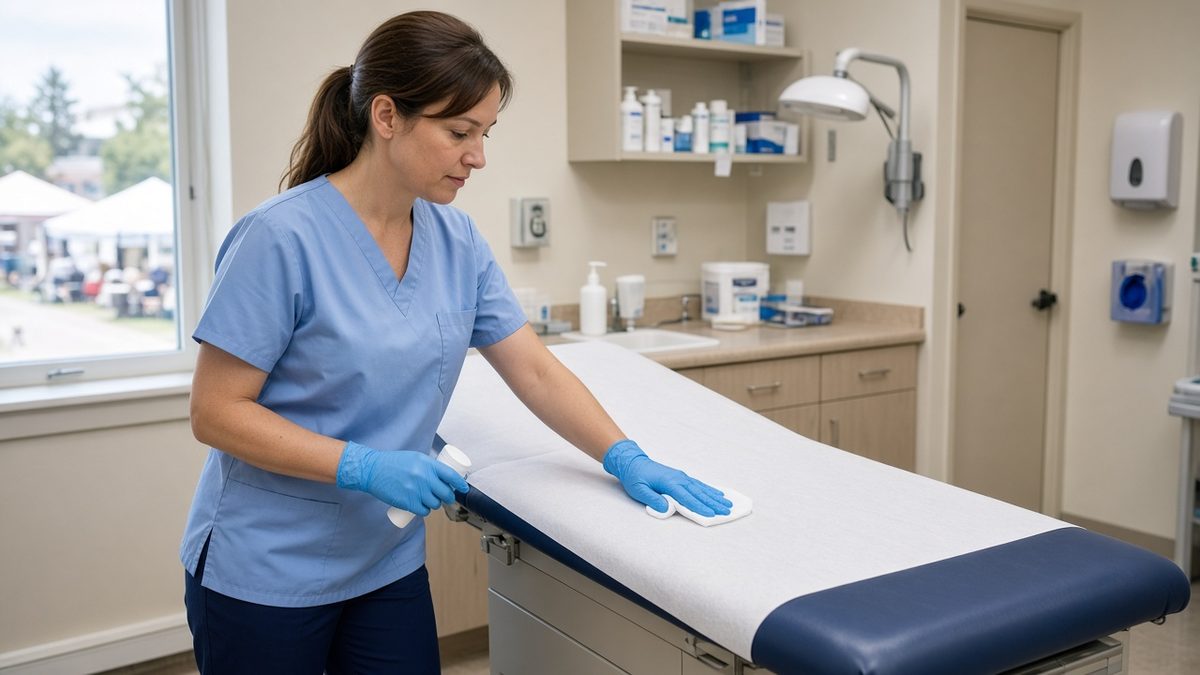 A clinician sanitizes an exam-table surface with wipes between patients.