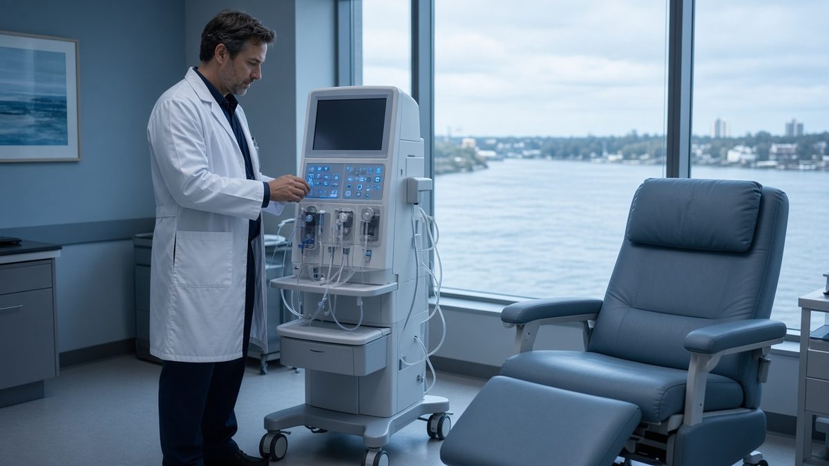 A doctor adjusts a dialysis machine beside an empty recliner chair.