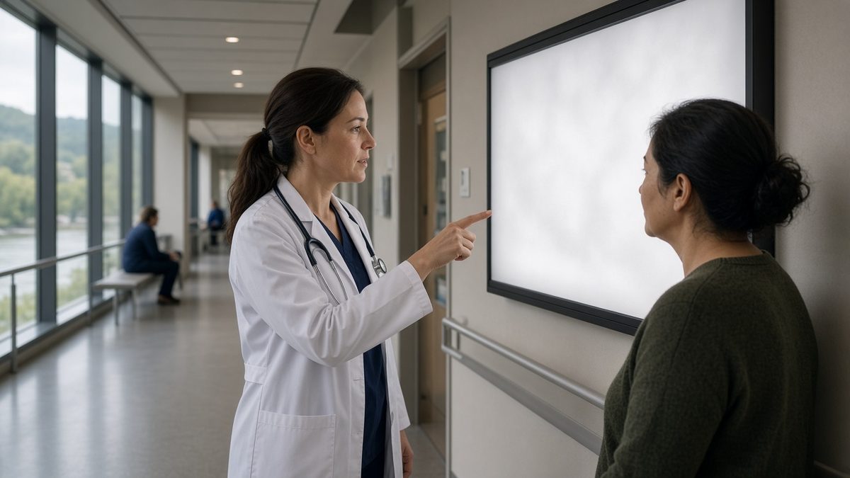 A physician points at a blank MRI lightbox while consulting a patient.
