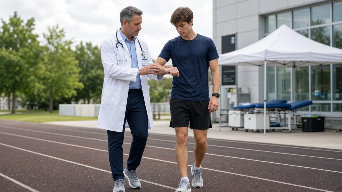 A campus doctor checks a runner's wrist pulse after a short track jog.