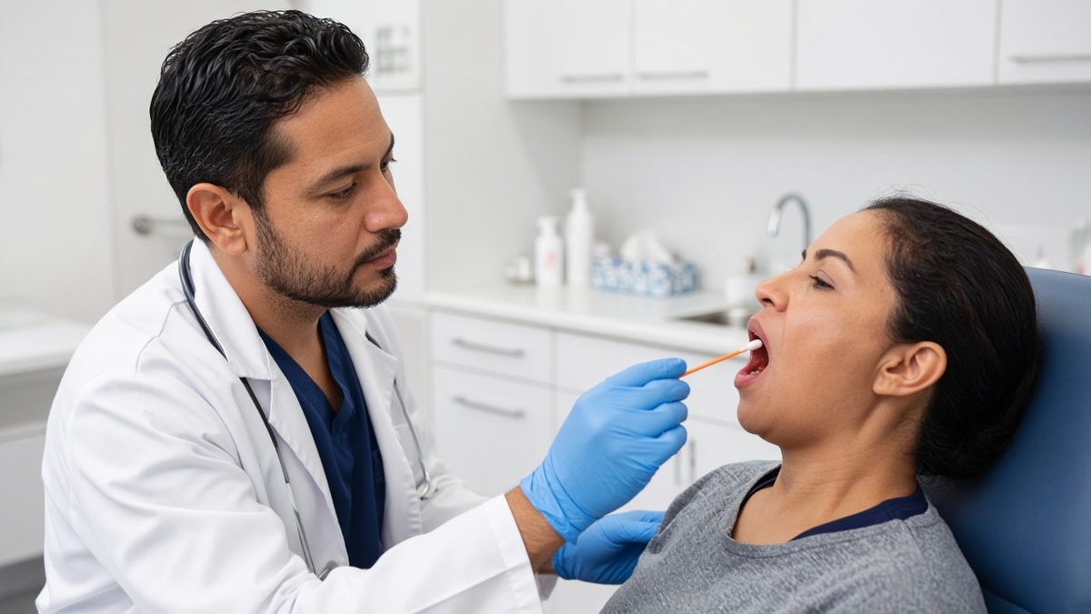A physician performs a throat swab on an adult patient in urgent care.