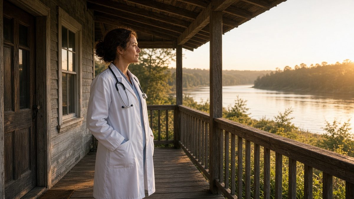 A doctor stands on a wooden rural clinic porch in golden-hour light.