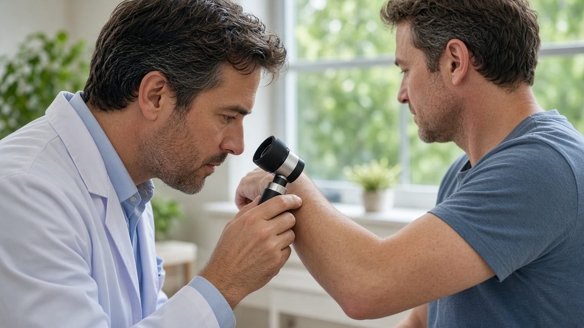 A dermatologist examines a patient's forearm with a dermatoscope.