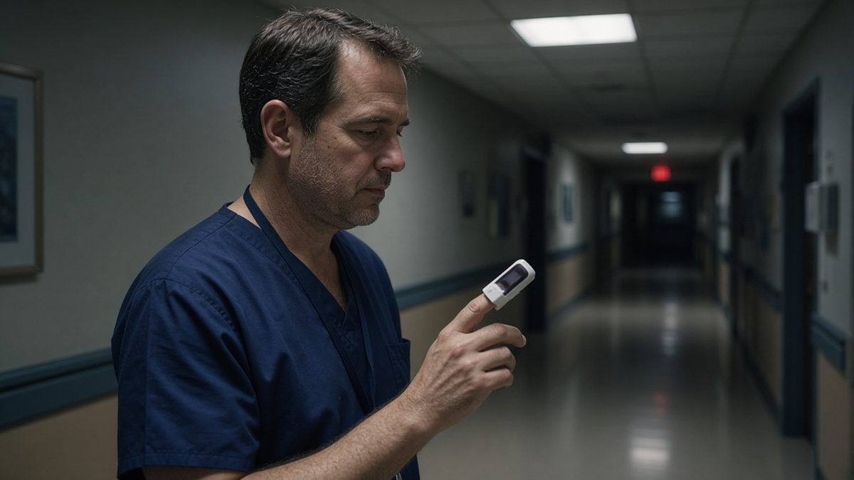 A clinician tests a pulse oximeter probe on his finger in a night hallway.