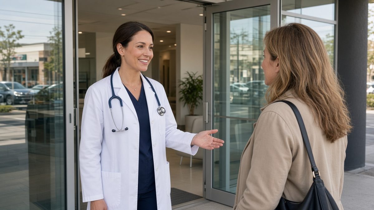 A doctor greets a patient at a modern glass storefront clinic entrance.