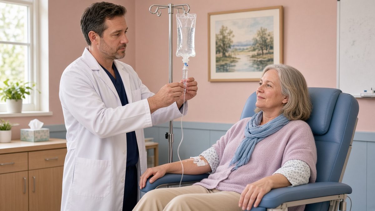 A doctor adjusts an IV drip rate for a seated infusion patient.