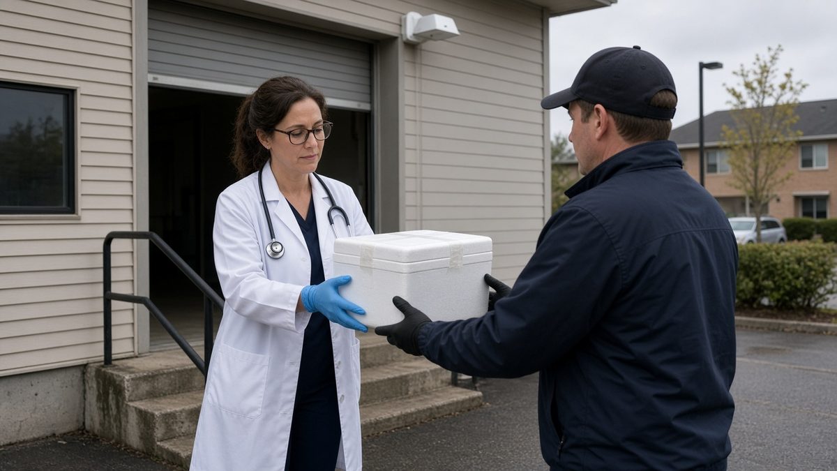 A physician hands a sealed lab cooler to a courier at a clinic dock.