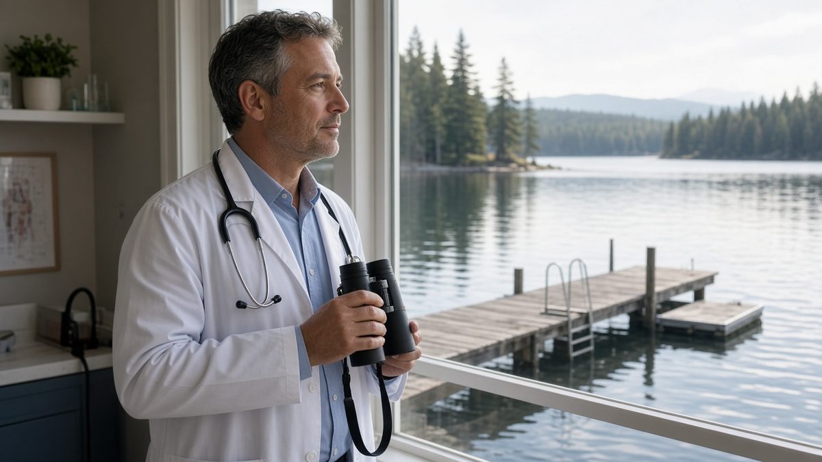 A doctor stands by a lakeside clinic window with binoculars lowered.