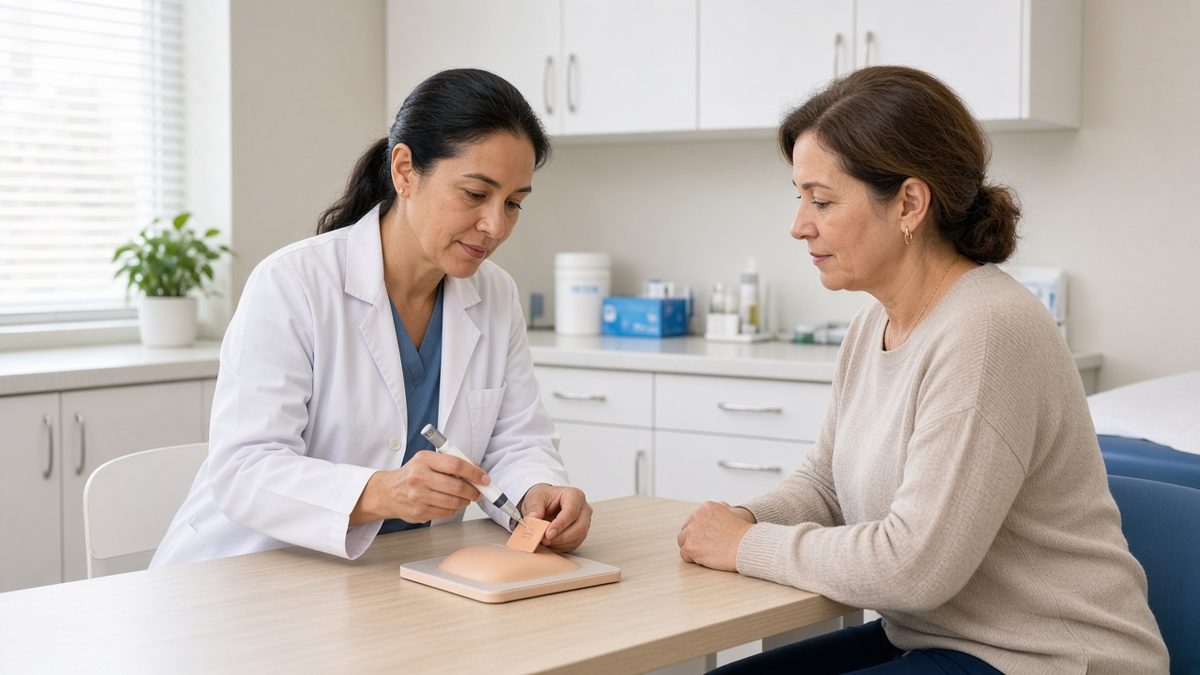 A family doctor demonstrates an insulin pen on a training pad for a patient.
